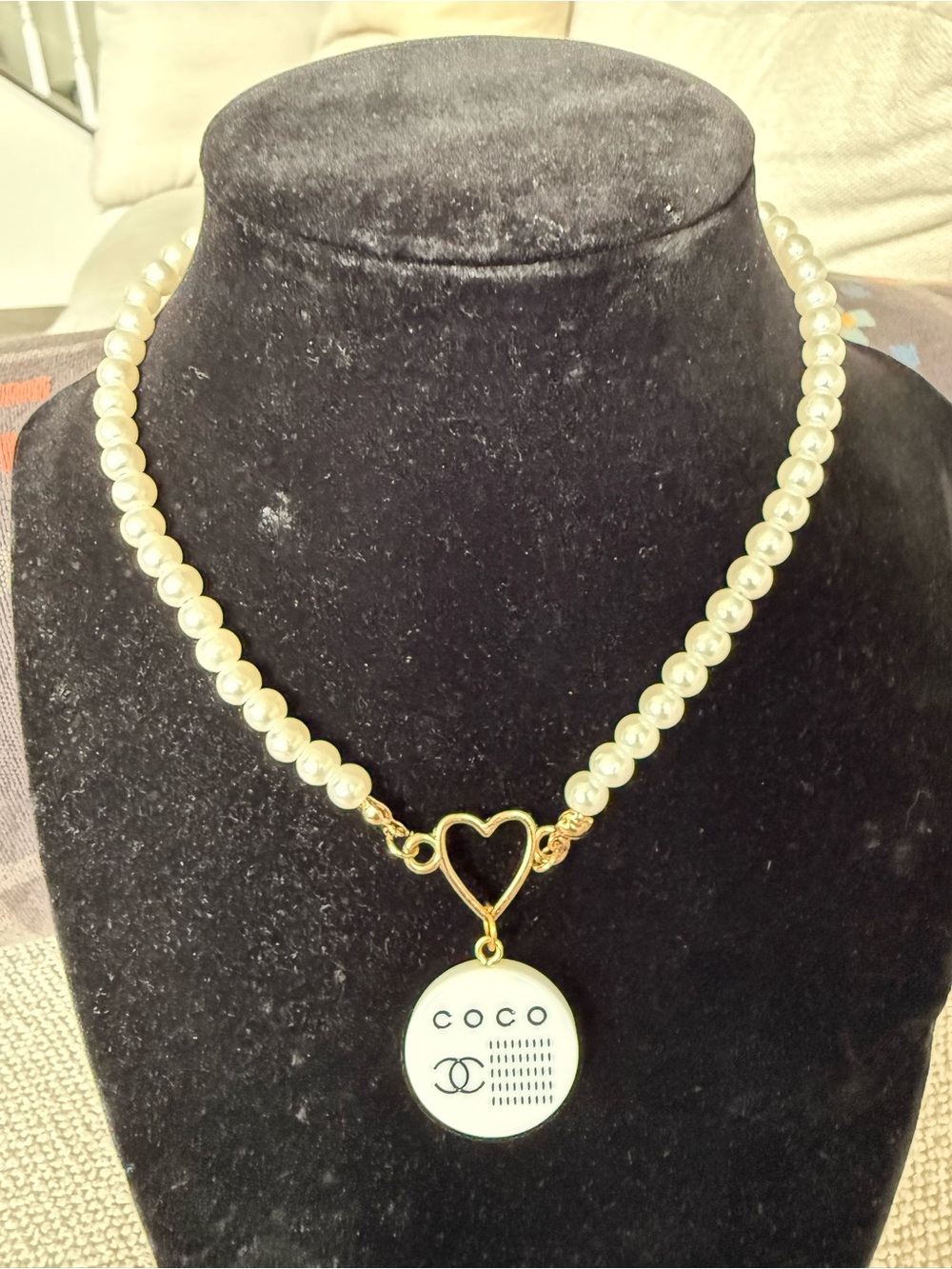 Pearl Necklace with Gold Heart and White COCO Disc Pendant